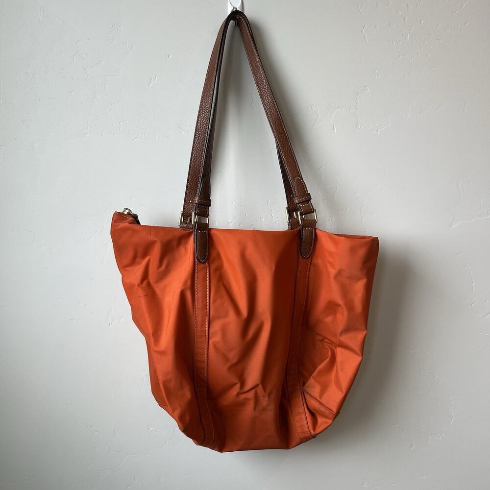Ralph Lauren Bright Orange Leather Straps Nylon Tote Purse Bag Gold - Picture 2 of 9